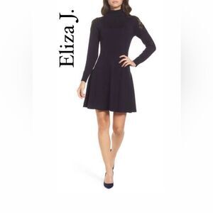 NWT Eliza J Lace Shoulder Turtleneck Black Dress -‎ Timeless Elegance Sz M